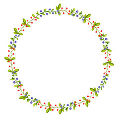 Wreath of leaves, red and blue berries. Northern folklore, Scandinavian style. Elements of folk art design. Watercolor background, backdrop for poster, logo, postcard, invitation, label, etc.