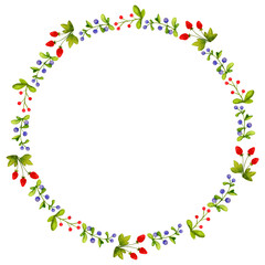 Wreath of wild berries. Northern folklore, Scandinavian style. Elements of folk art design. Watercolor background, backdrop for poster, logo, postcard, invitation, label, etc.