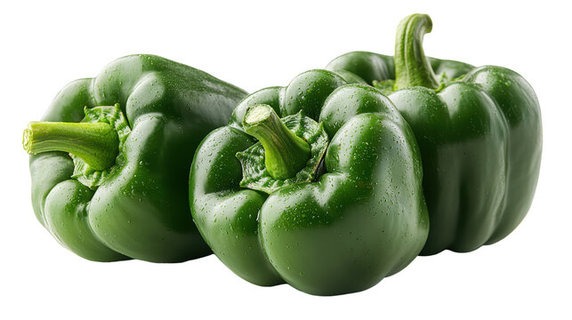 Green bell peppers with water droplets showing detailed stems and shiny fresh surfaces, PNG, isolated on transparent background.