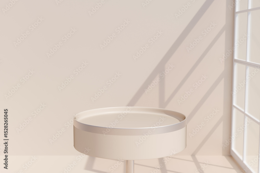 Fototapete round table for product demonstration against wall with shadows from window.3d rendering
