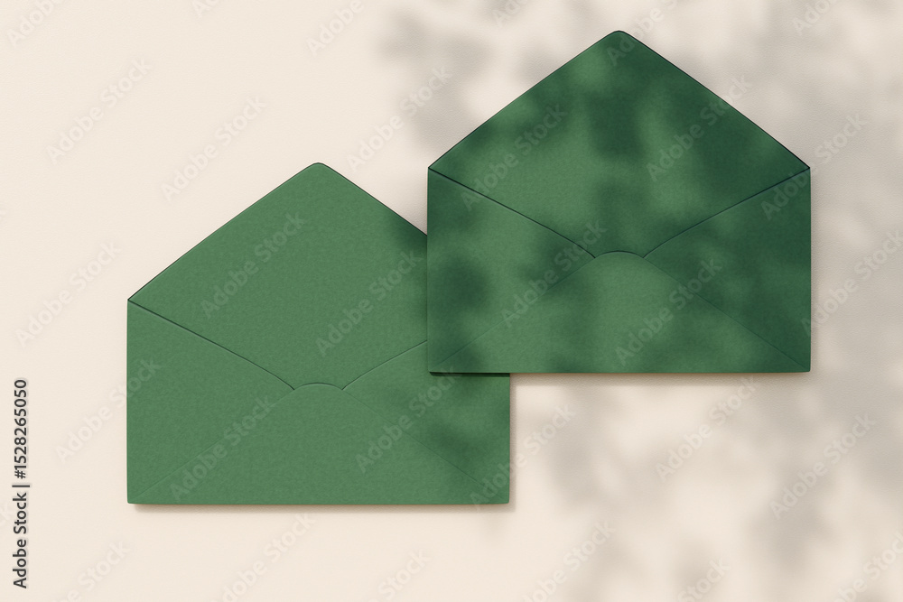 Poster paper envelopes on white surface with shadow patterns. 3d rendering