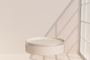 Round table for product demonstration against wall with shadows from window.3d rendering
