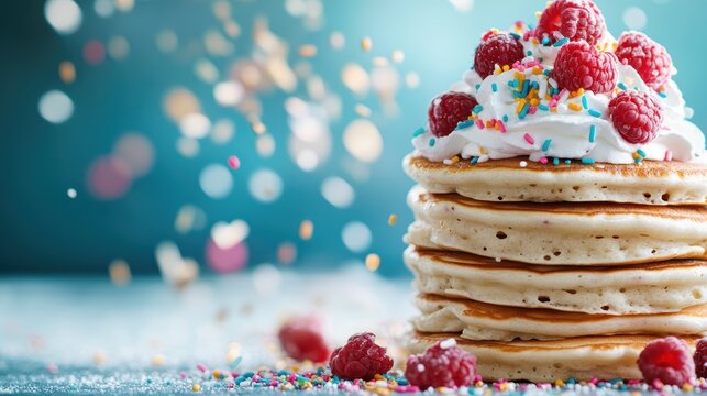 A delicious stack of fluffy pancakes topped with fresh raspberries and whipped cream, drizzled with syrup, epitomizing indulgence and the joy of a perfect breakfast treat.
