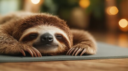 Obraz premium A peaceful sloth resting with a serene smile, embodying tranquility and relaxation, perfectly captured in a cozy setting filled with soft warm light and natural beauty.
