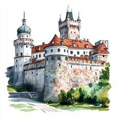 Wawel Castle. Wawel Castle hand drawn watercolor illustration