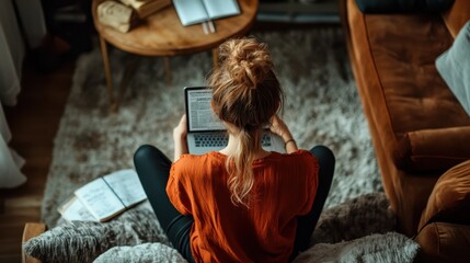 A woman with a messy bun sits cross-legged on a comfy rug, working on her laptop, creating a cozy atmosphere filled with creativity and productivity in a home setting.