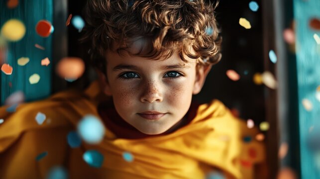 A young boy with curly hair and freckles pops out amidst colorful confetti, exuding joy and wonder, symbolizing celebration and the carefree essence of childhood.