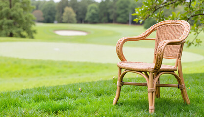 Fototapeta premium Rattan chair placed on grass overlooking golf course landscape 