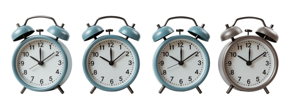 A set of four blue and white alarm clocks