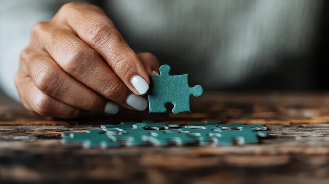 A close-up of a hand delicately placing a puzzle piece on a rustic wooden table, symbolizing patience, creativity, and the joy of completing a challenging puzzle.
