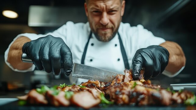 A professional chef in a modern kitchen skillfully carves a beautifully cooked piece of meat, showcasing culinary talent and exquisite presentation with vibrant garnishes.