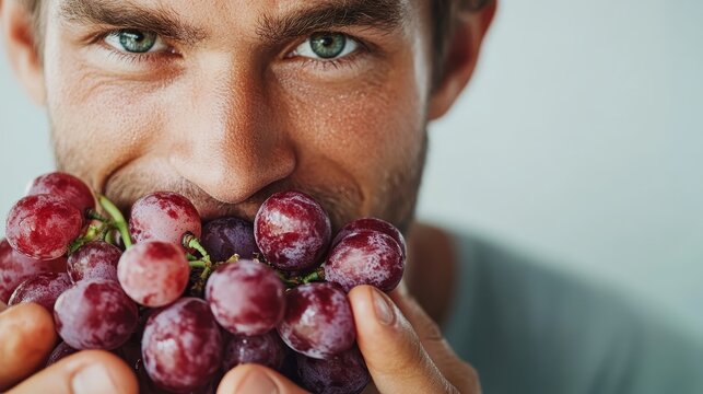 A joyful man bites into a bunch of fresh, ripe grapes while smiling, highlighting the simple pleasures of life and the importance of enjoying healthy snacks.