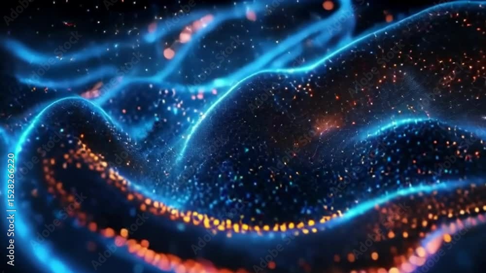 Poster abstract digital graphic a swirling wavelike pattern of glowing particlelike points in varying shade