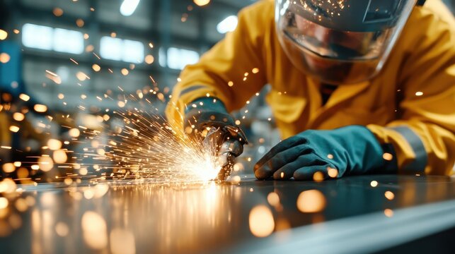 A skilled worker utilizes a welding tool, producing vibrant sparks while carefully shaping metal in a well-lit workshop environment emphasizing craftsmanship and safety.