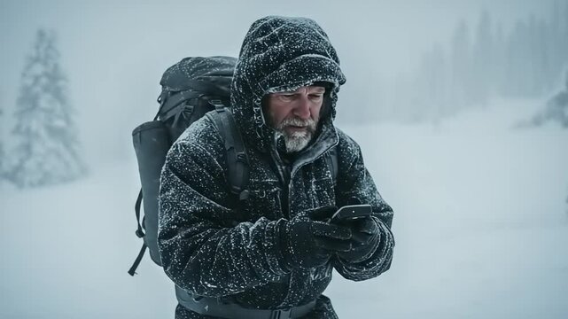 Lost hiker checks phone for signal in snowy wilderness, winter adventure scene