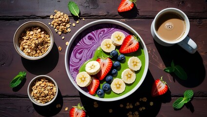 Top view flat lay of healthy breakfast items smoothie bowl, fruits, granola, coffee, placed on wooden table texture 