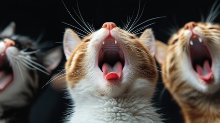 Three adorable cats, caught mid-yawn, create a playful scene that emphasizes feline charm, individuality, and the lighthearted spirit found in animal companionship.