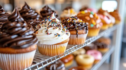 A vibrant display of delicious cupcakes with various toppings and decorations, arranged attractively on a rack, perfect for showcasing tasty desserts and tempting customers.