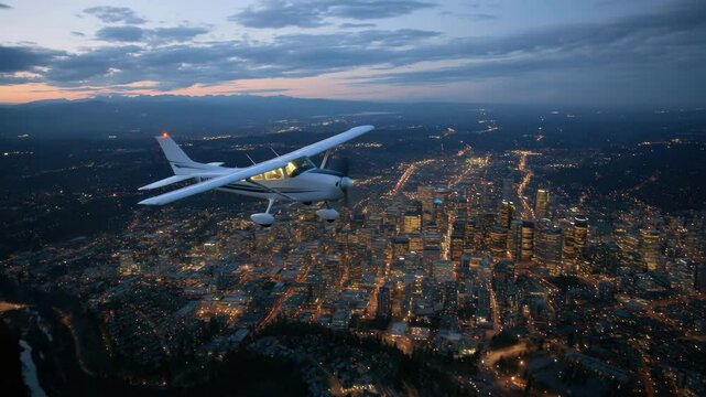 Single engine propeller plane flies over city, proud aerial view, evening lighting, city lights, general plan.