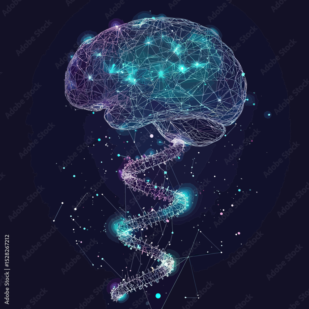 Poster digital wireframe brain connected to glowing 3d dna double helix spiral mesh with neural network lig