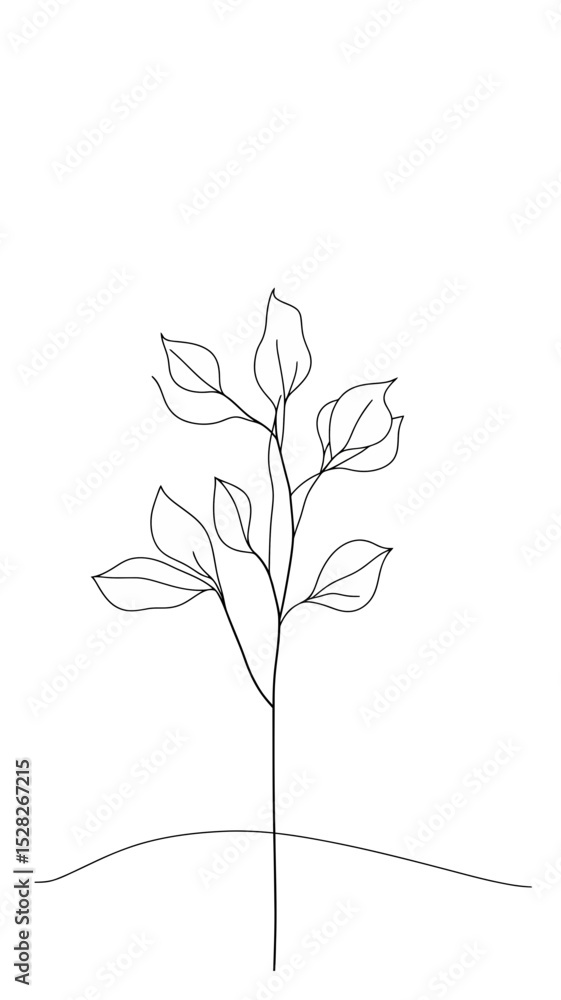 Poster minimalist continuous line drawing of a delicate plant with multiple leaves on thin stem isolated on