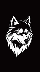 Obraz premium Bold black and white wolf head illustration with sharp eyes and detailed fur in minimalist flat vector style on dark background for logo or emblem design