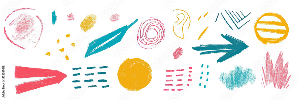 Poster abstract colorful hand drawn crayon brush strokes and arrow shapes with textured doodle style minima