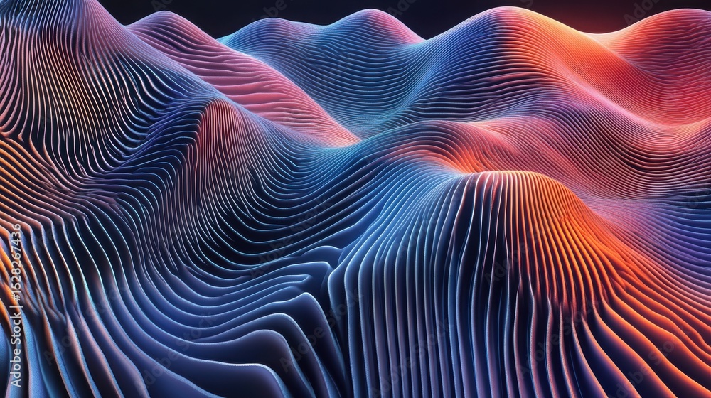 Poster abstract layered landscape with wavy lines and vibrant color gradient on dark background