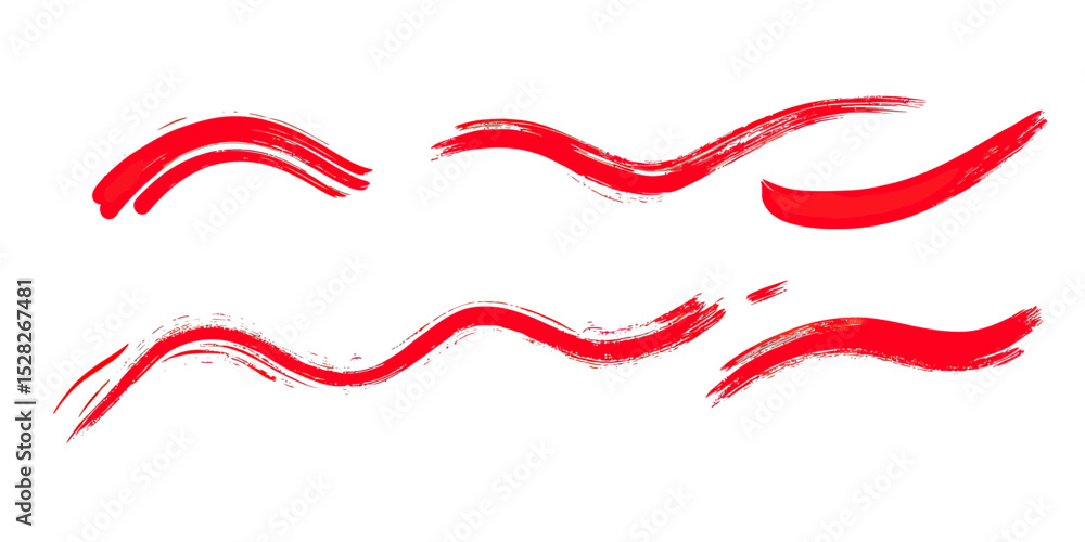 Poster set of red brush stroke squiggle vector elements with uneven paint texture for graphic design and ar