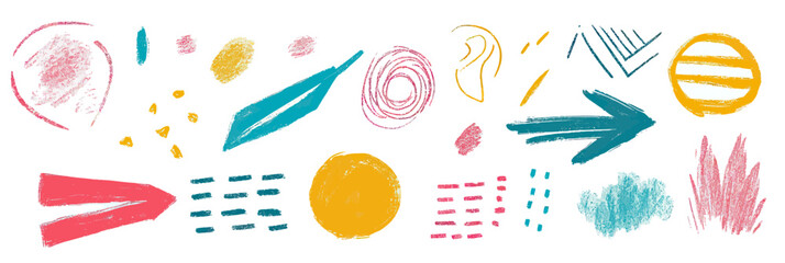 Fototapeta premium Abstract colorful hand drawn crayon brush strokes and arrow shapes with textured doodle style minimalist vector design elements on white background for creative projects and backgrounds