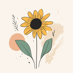 Hand drawn sunflower with large petals and green leaves minimalist flat vector illustration with abstract brush stroke background and doodle details in muted colors