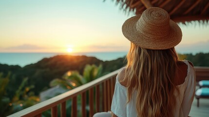 A serene sunset view from a balcony with a woman wearing a straw hat, her long hair flowing, embodying a moment of tranquility and appreciation of nature's beauty.