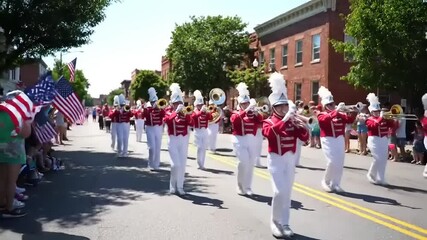 Marching band in vibrant red uniforms parades through a festive street with spectators waving flags