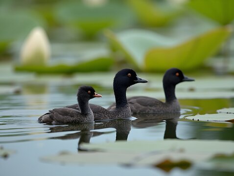 Coot Family Swimming Amongst Lily Pads in Calm Pond Water