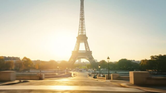Eiffel tower sunrise paris street view