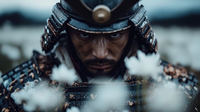 A fierce samurai warrior clad in armor stares intensely into the distance, surrounded by delicate flowers, embodying the clash between strength and tranquility. - Powered by Adobe