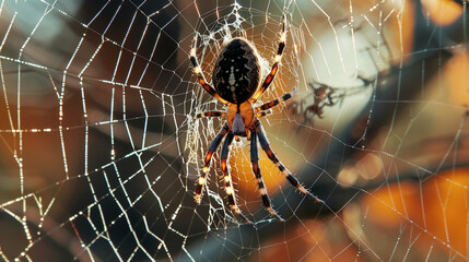 Workshop Nature: Close-up of a spider on a glowing web backlit by a royal sun, showing the beauty and slow motion of the wild