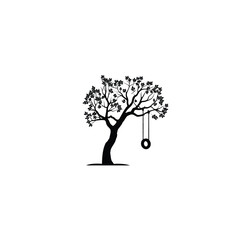 A silhouette of a tree and a tire swing hanging below on white background
