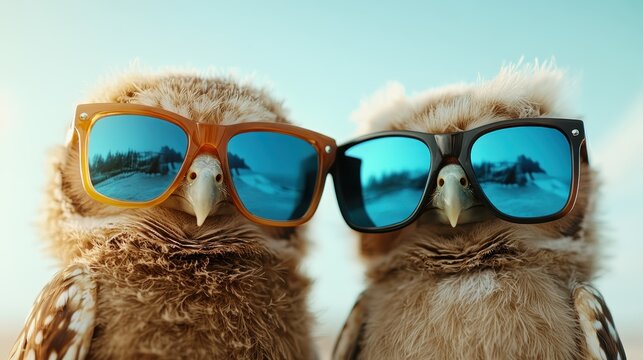 A charming scene featuring two adorable owls wearing fashionable sunglasses, capturing a playful and humorous moment, perfect for nature lovers and animal enthusiasts.