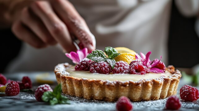 An exquisite lemon tart beautifully adorned with raspberries, mint leaves, and delicate flowers, presented elegantly, showcasing a passion for culinary arts and creativity.