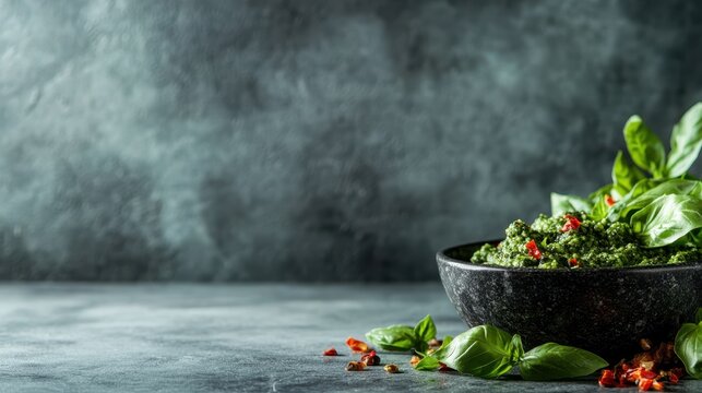 A vibrant bowl of green pesto made from fresh basil and spices, highlighting the essence of healthy eating and culinary simplicity, perfect for a nutritious lifestyle.