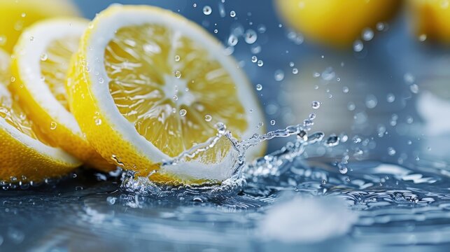 Vibrant lemon slices captured in mid-splash against water, emphasizing the freshness and zest of citrus, perfect for culinary or healthy lifestyle themes.