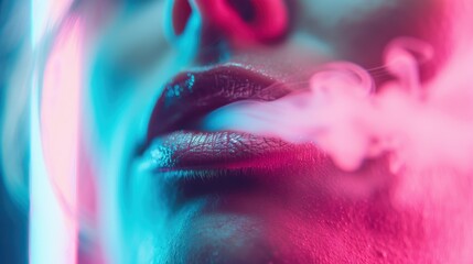 A striking artistic portrayal of a person with vibrant lighting and ethereal smoke emanating from their lips, conveying emotion and a sense of mystique in a captivating atmosphere.