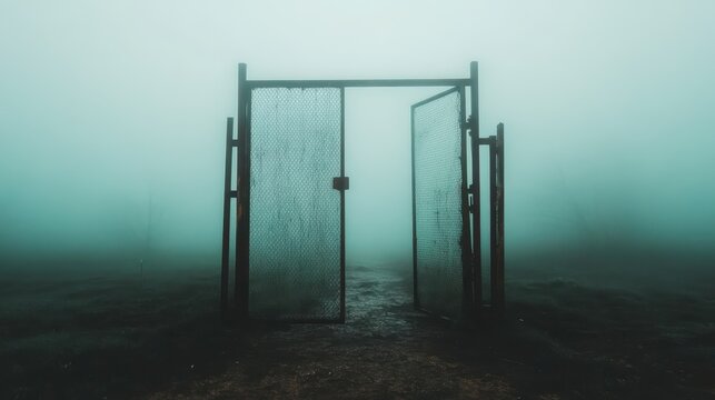 An eerie, open gate stands in a foggy landscape, evoking a sense of mystery and curiosity, inviting viewers to ponder what lies beyond the threshold in this atmospheric scene.