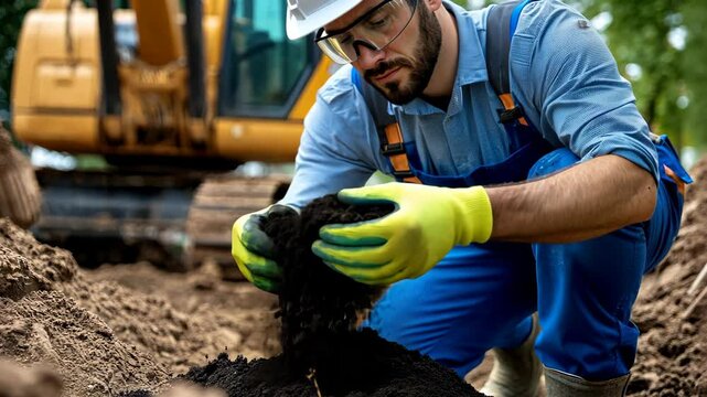 Skilled laborer is carefully examining soil while working at an active construction site under clear skies