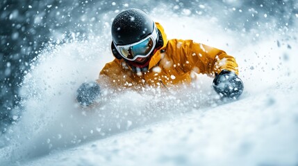An exhilarating capture of a snowboarder skillfully maneuvering through fresh powder snow, illustrating the thrill and adventure of winter sports in a breathtaking snowy environment.