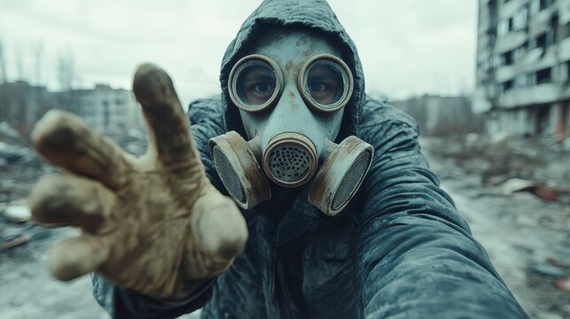 A figure shrouded in a gas mask reaches out in a devastated landscape, symbolizing themes of survival, environmental crisis, and the shadows of a dystopian future.