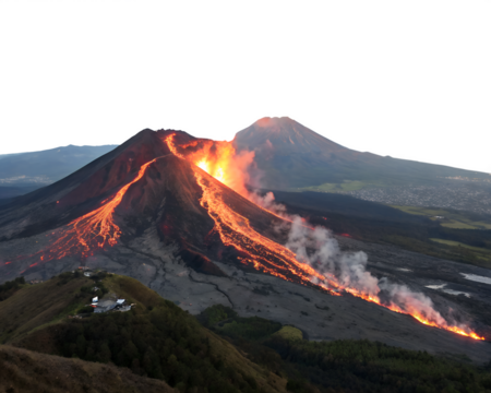 Aerial view of active volcano spewing molten lava down steep slopes, PNG, isolated on transparent background.