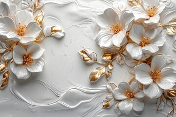 Ornate white flowers with golden accents on a textured background.