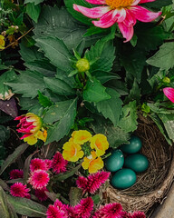 Bird Nest with Vibrant Blue Eggs Among Colorful Flowers and Green Foliage, Spring Nature Scene, Wildlife Nesting Habitat, Natural Garden Composition, Symbol of New Life, Close-Up Nature Photography